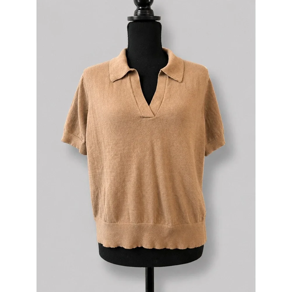 Michael Kors Polo Sweater Women XL Brown Excellent V-Neck Knit Logo Charm